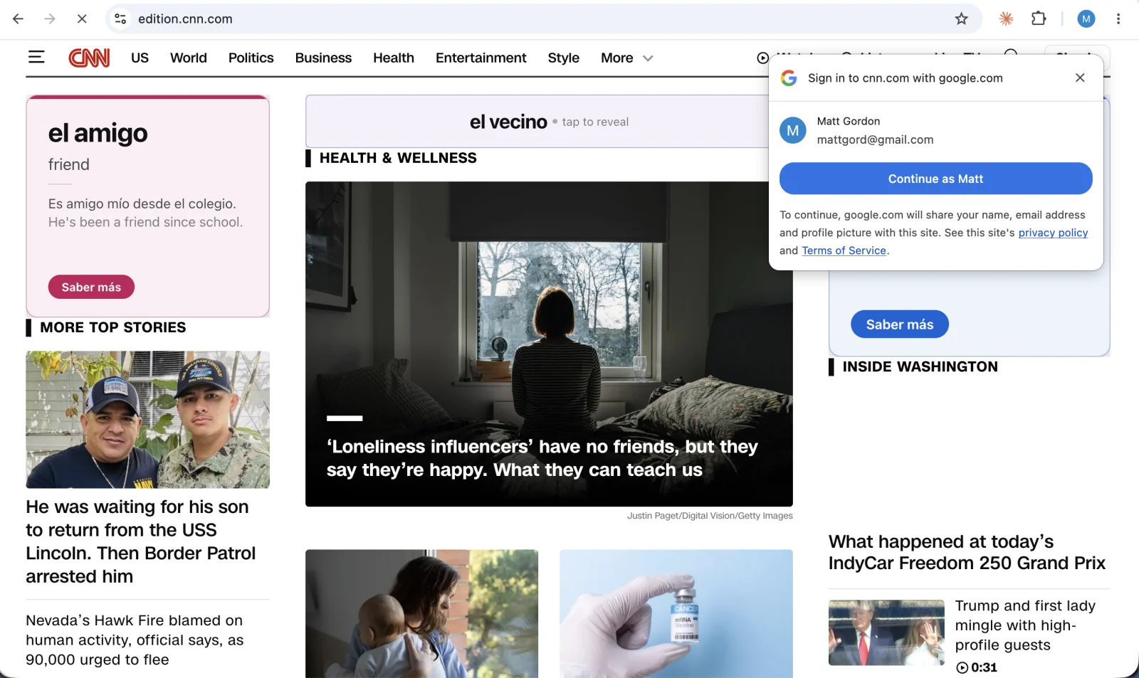 CNN with advertisements replaced by Spanish vocabulary cards