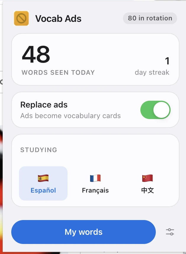 Ad Swapper dashboard showing words seen, streak, language selection and ad replacement controls