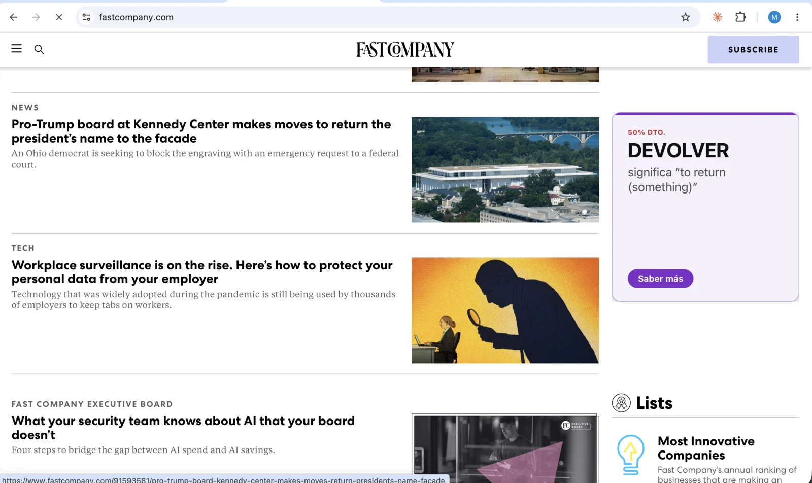 Fast Company with an advertisement replaced by a Spanish vocabulary card