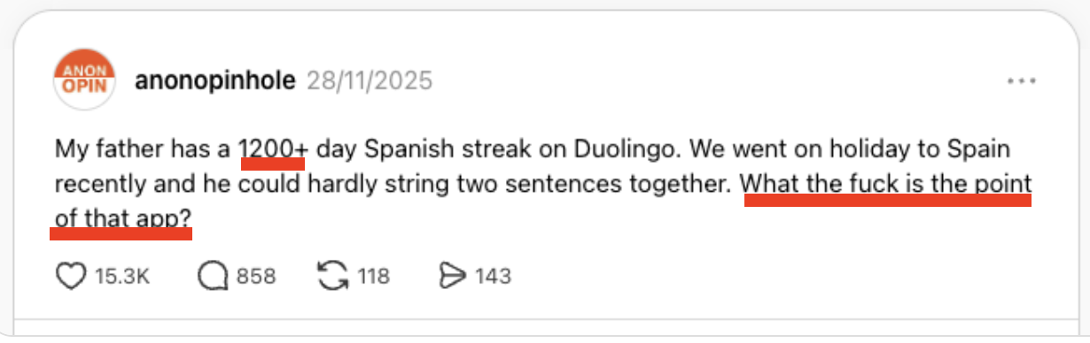 A social media post questioning the value of a 1,200-day Duolingo streak after struggling to speak Spanish