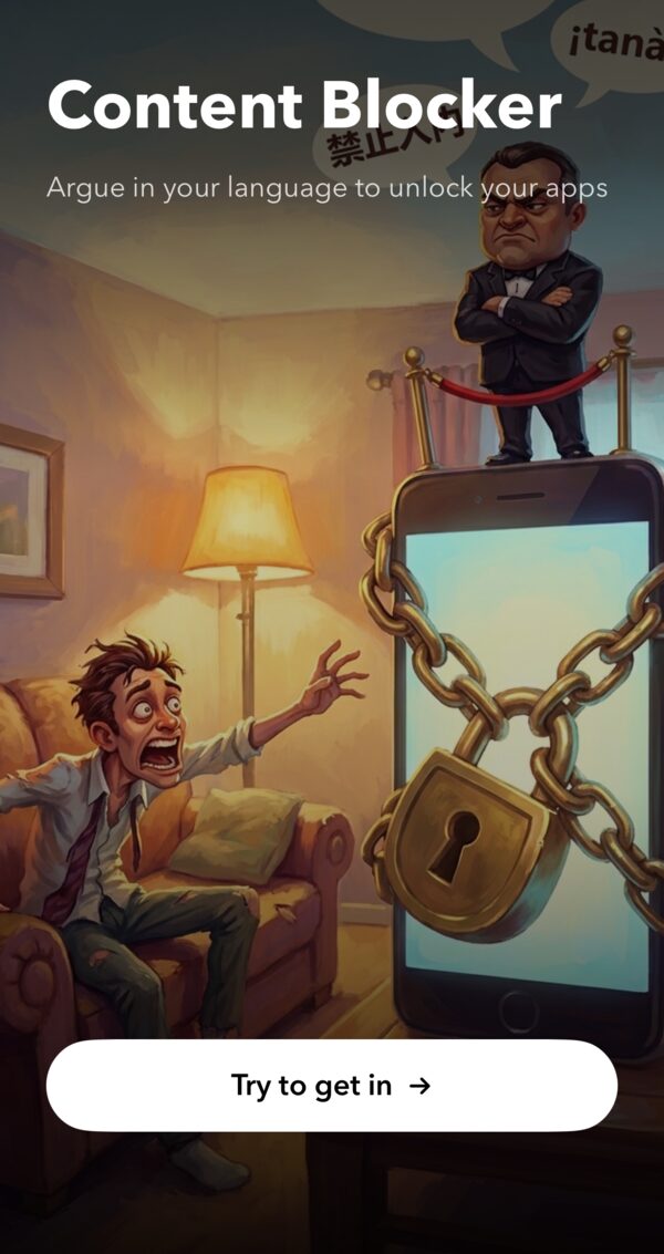 Dingo Content Blocker splash: a bouncer guarding a chained phone