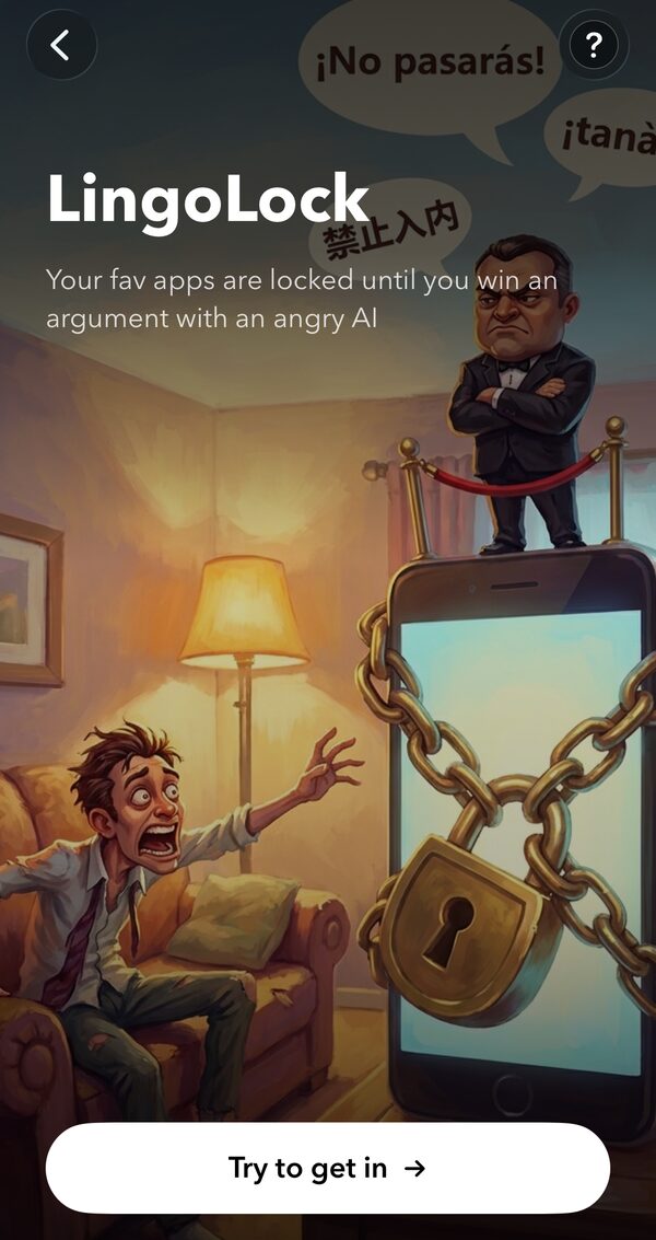 LingoLock title screen: a man lunging at a chained phone with a bouncer standing on top