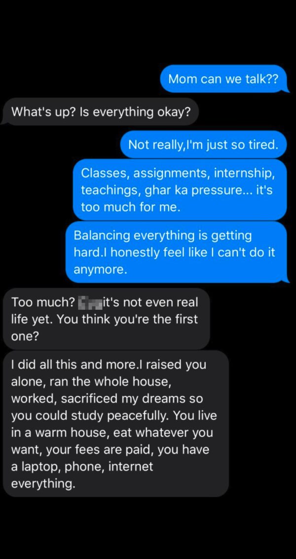 A real message thread with a mother turning a plea for sympathy into a guilt trip