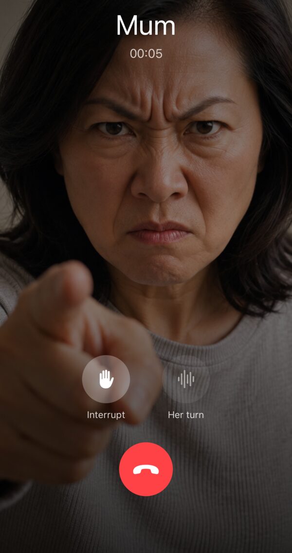 Mother Tongue in-call screen: Mum on the line, Interrupt and Her turn controls
