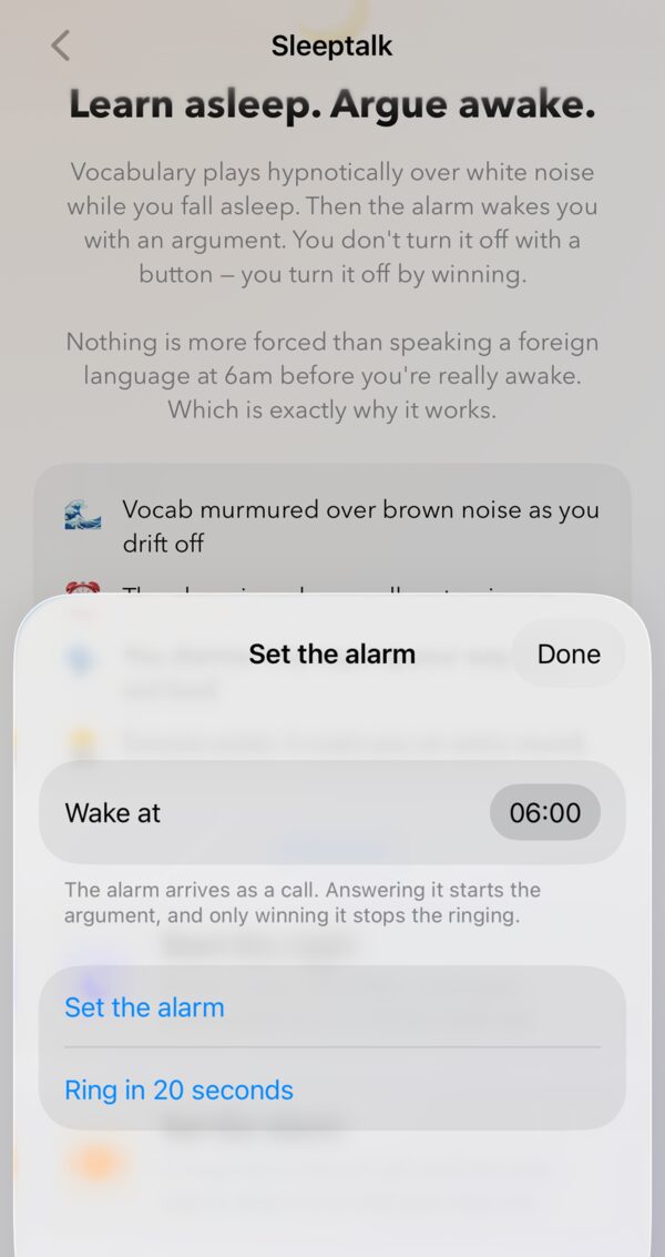 Sleeptalk set-the-alarm sheet: wake at 06:00, the alarm arrives as a call