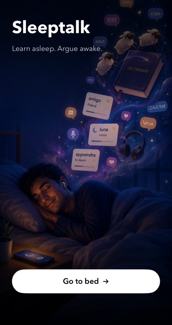 Sleeptalk splash: a sleeper with vocab cards drifting overhead, 