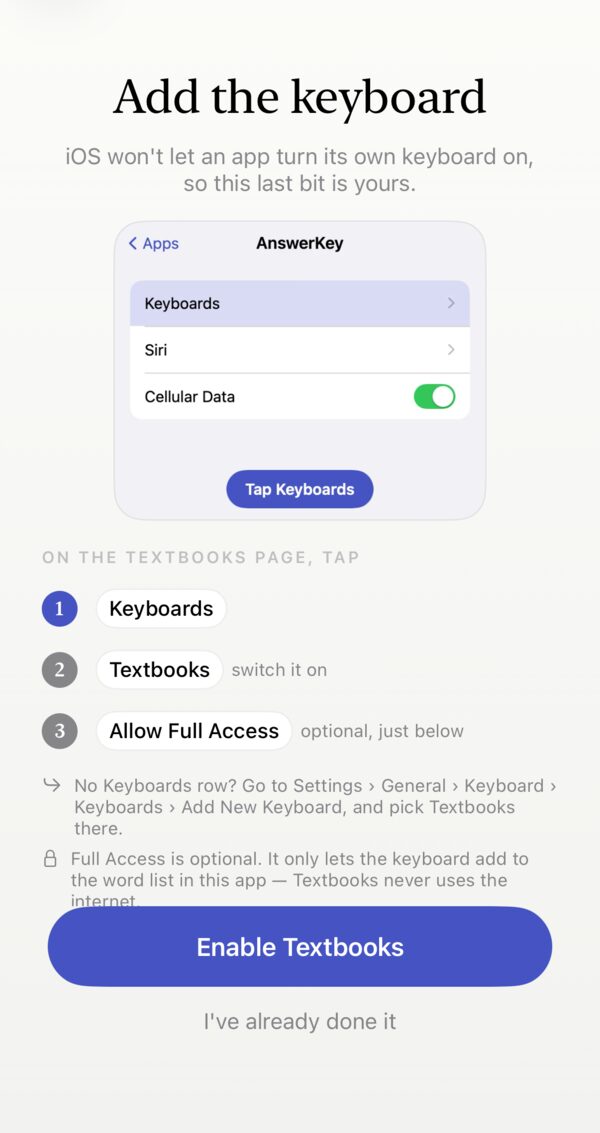 Textbooks setup: add the keyboard in iOS Settings